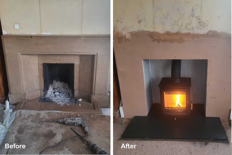 Before and after photos of fireplace renovation in Taunton, Somerset