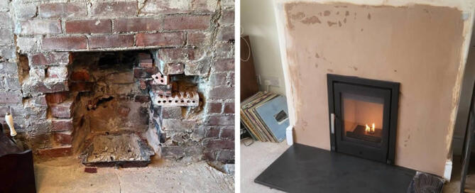 Inset cassette woodburnig-stove installation Glastonbury