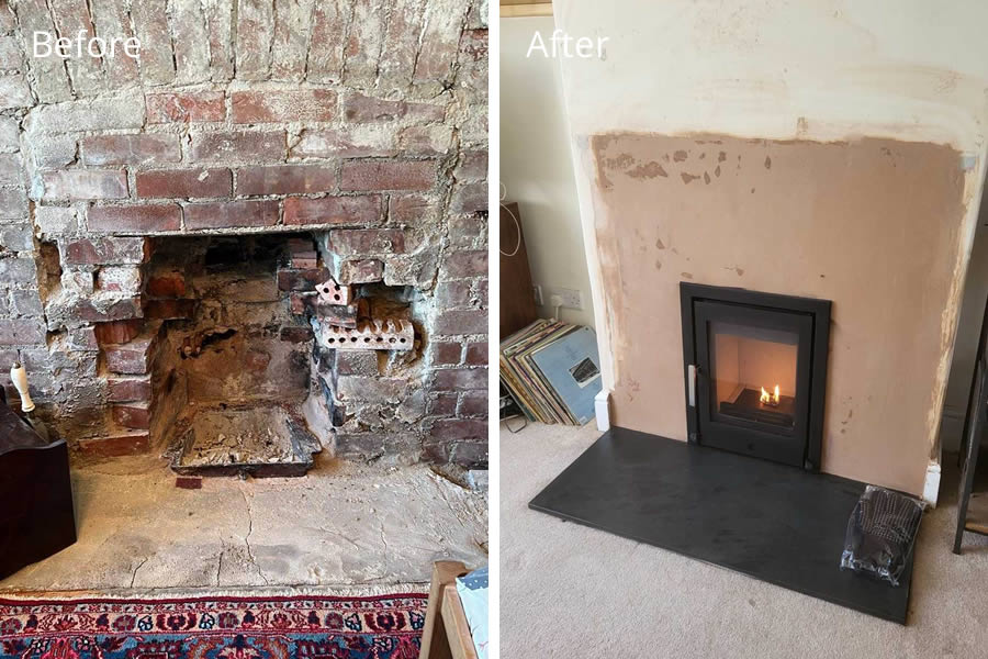 Inset cassette woodburnig-stove installation Glastonbury